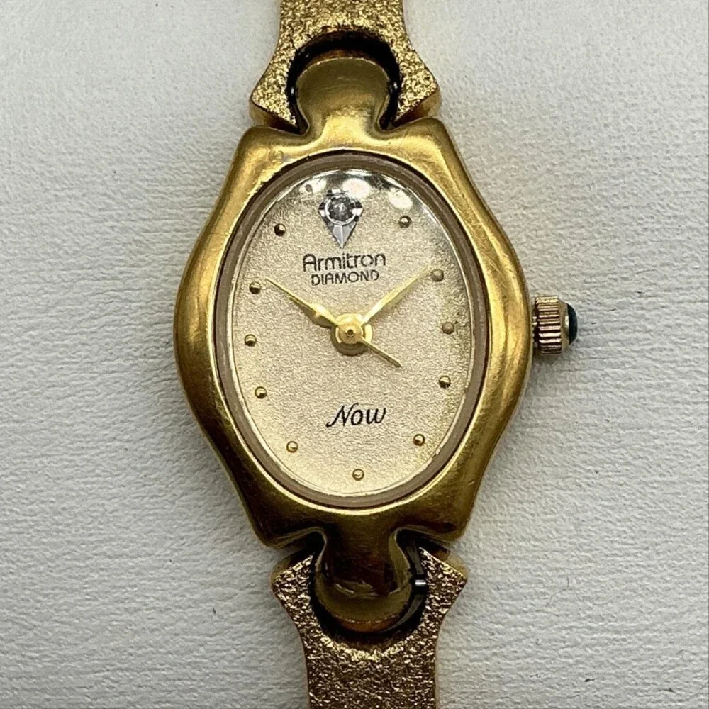 Armitron Diamond Now Womens Watch 17mm Oval Gold Tone Band New Battery 6.75